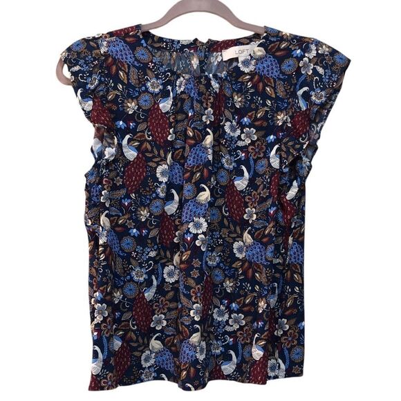 LOFT Women’s Top Sz SP Blue Ruffled Floral Flutter Sleeve Blouse - Picture 1 of 6